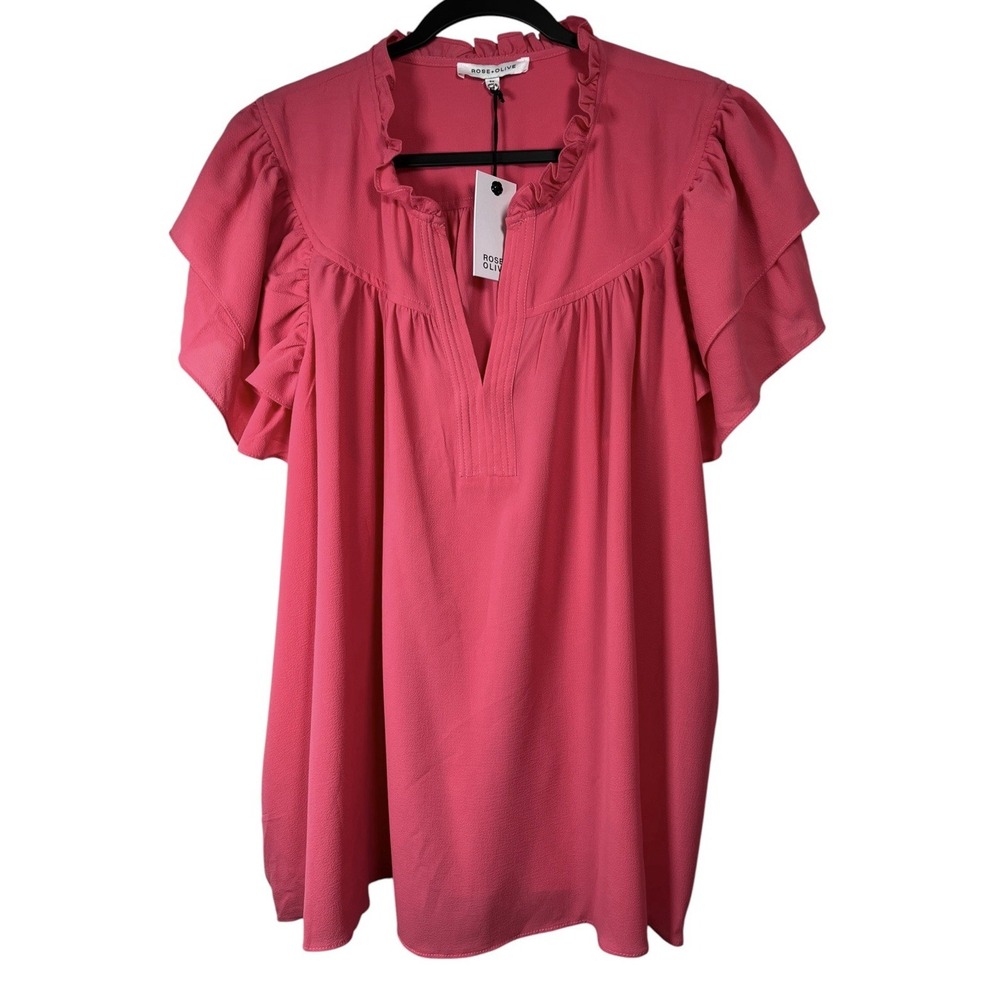 NWT Rose & Olive Sz 3X Blouse Hot Pink Flutter Sleeve V-Neck Top Loose Flowy New
